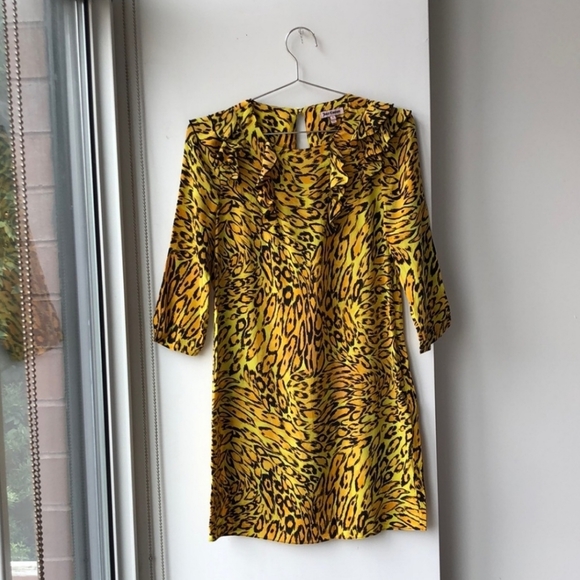 Juicy Couture Silk Yellow Leopard Ruffle Collar Bracelet Sleeve Mini Dress 00 - Picture 7 of 12